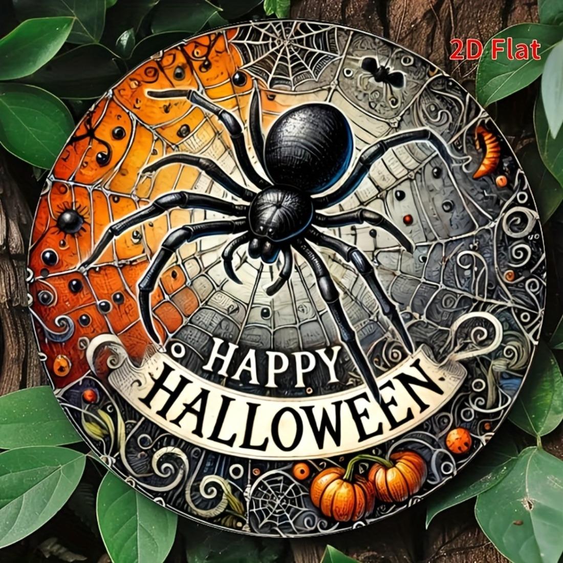 Happy Halloween Spider Web Metal Sign xin Spooky Round Porch Wall Decor 20x20cm(8x8inch)