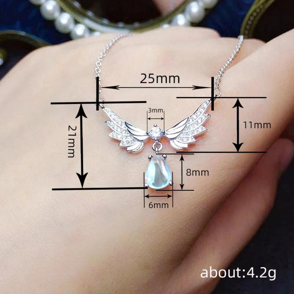 Double Angel Wing Paved Small Stone Dangling Light Blue Teardrop Stone Pendant Women Clavicle Necklace