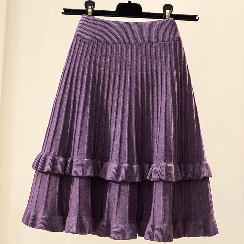 Fusta tricotată Femei Toamnă și Iarnă cu talie înaltă Fusta plisată A-line Volane Culoare pură Talie elastică