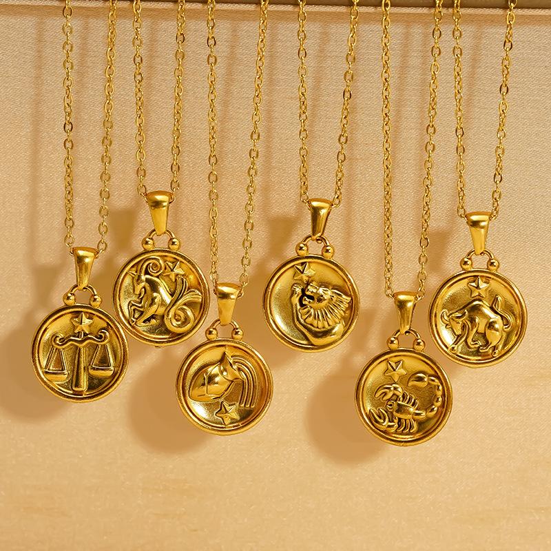 Gold Titanium Steel Round Double-Sided Wearing 12 Constellation Necklace Women'S Light Luxury Collarbone Chain Pendant