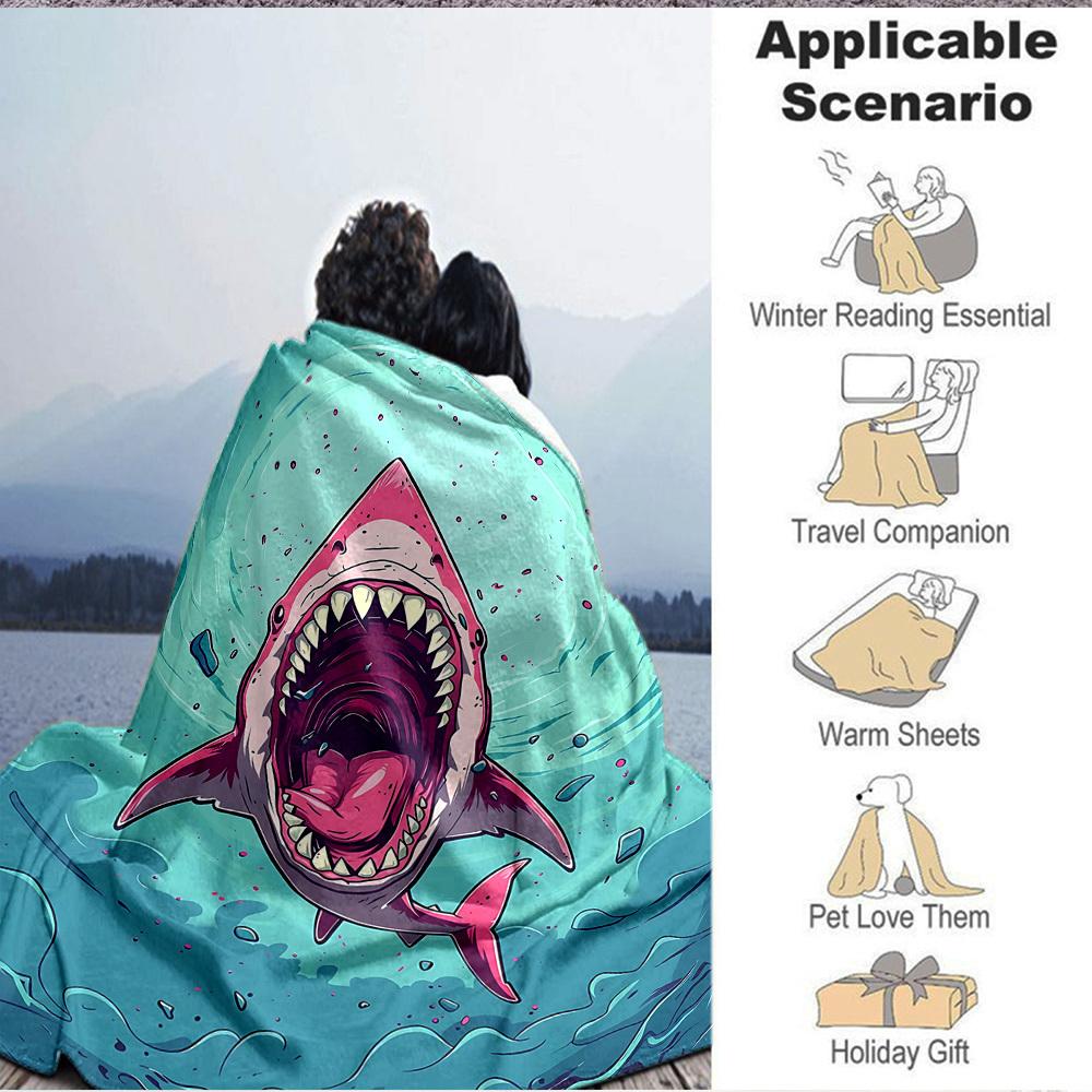 1pc Shark Attack Blanket, Lightweight Flannel Throw Blanket for Sofa, Bed, Travel, Camping, Living Room, Office, Couch015