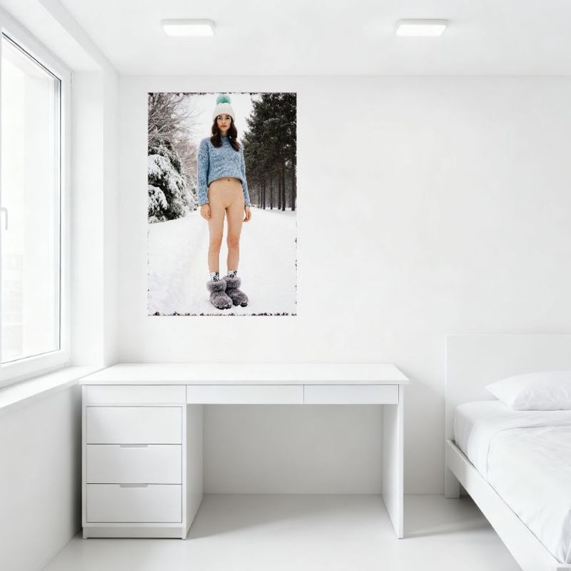 Sexy Frau im verschneiten Wald Hellblauer verkürzter Pullover Graue flauschige Hausschuhe Vintage Metallblechschild für Bar Heim Wanddekoration