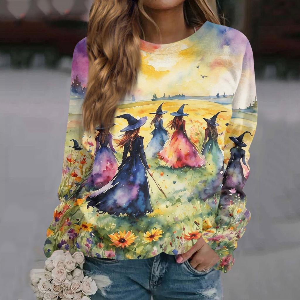 Women's Casual Long Sleeve Printed Raglan Sleeve Pullover Top for Halloween