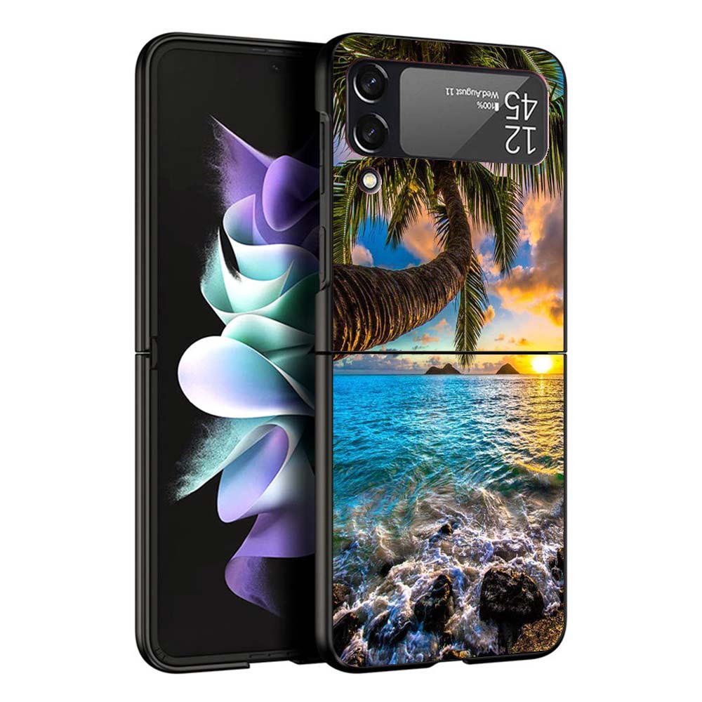 Summer Beach Sunset Sea Palm Tree Black Cover for Samsung Galaxy Z Flip 7 6 5 4 3 5G Phone Case Flip7 Flip6 Flip5 Flip4 Flip3 Pa