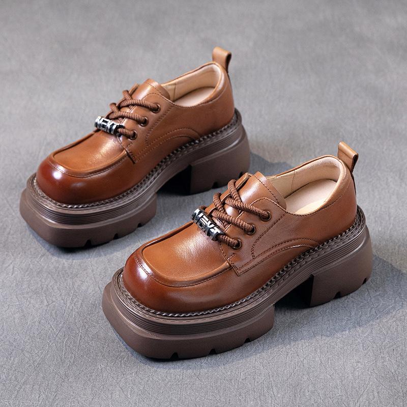 

The first layer of cowhide loafers women s autumn 2025 new leather thick-soled retro lace-up women s muffin single shoes 40