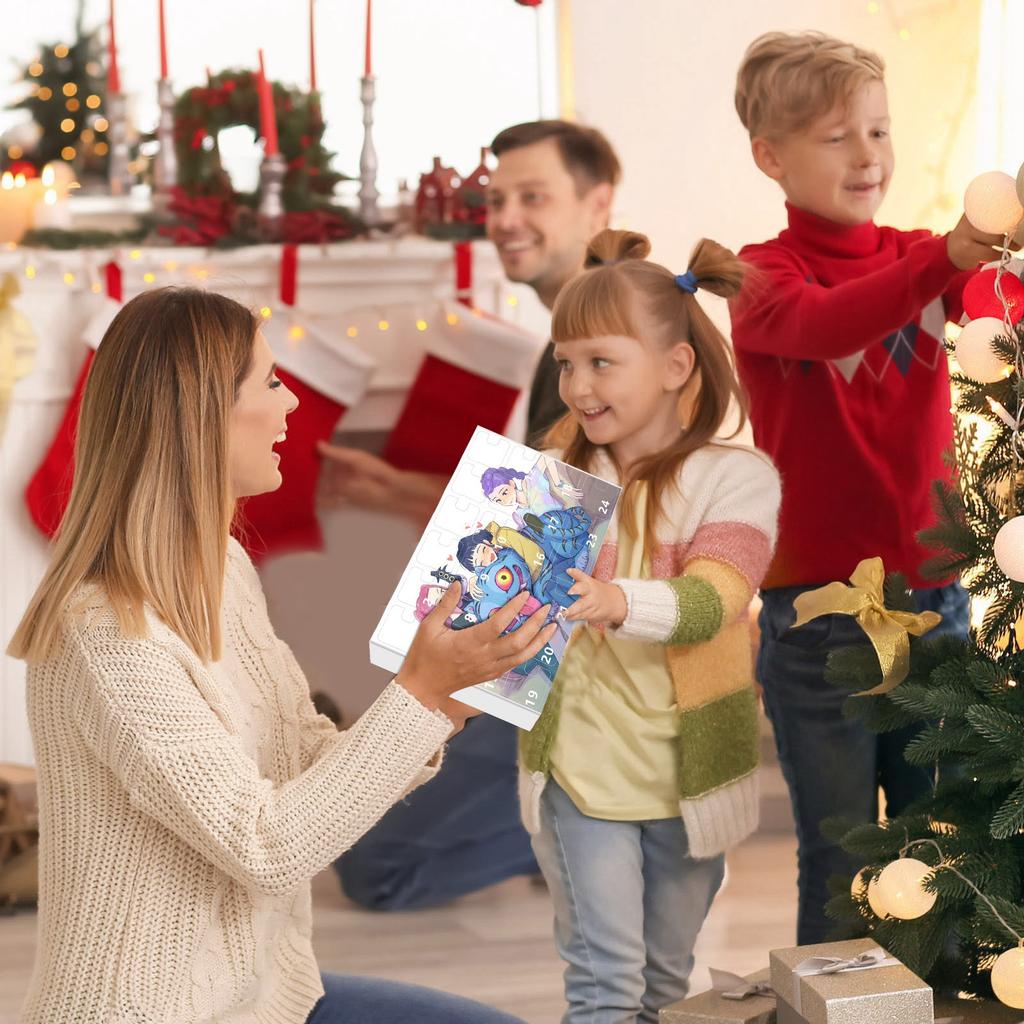 Adventní kalendář obsahuje 24 adventních kalendářů, odpočítávací kalendář a překvapivá sběratelská předměty.