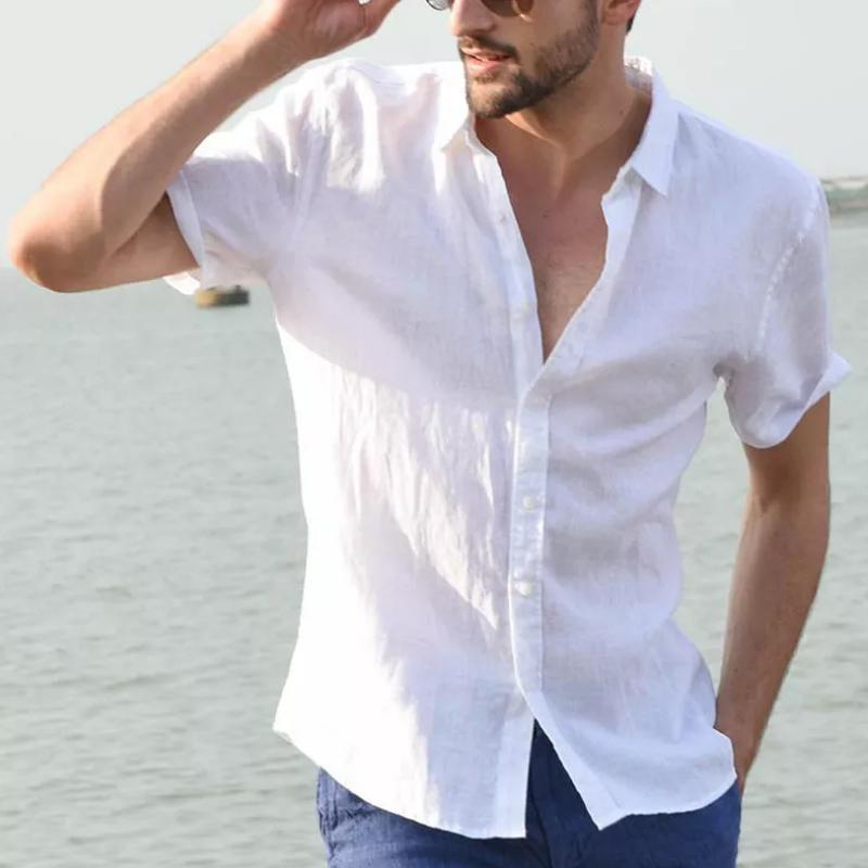 Men's Casual Short Sleeve Shirt Street Wear Lapel Button Solid Color Cotton Linen Shirt for Men Vintage Vacation Blouse