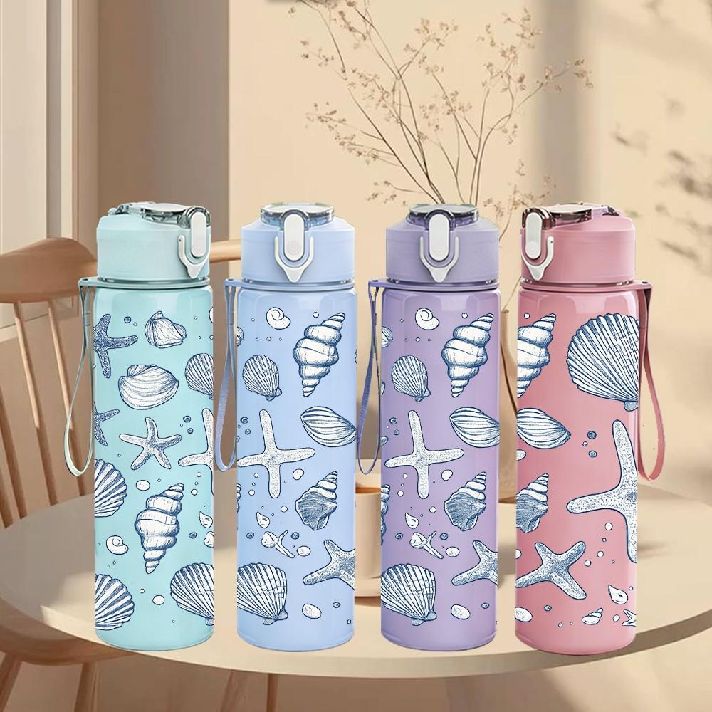 1PC Starfish Seashell Ocean Pattern Print 750ml Color Plastic Sports Water Bottle Leakproof Flip Straw Lid Suitable for Sports Office Home Use