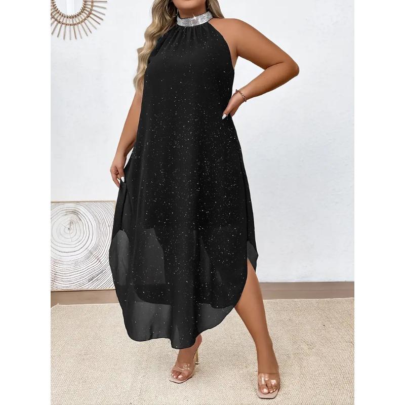 

Женское шифоновое платье с бретелью через шею из пайеток, без рукавов, облегающее платье с круглым вырезом и запахом на бедрах 5XL чёрный