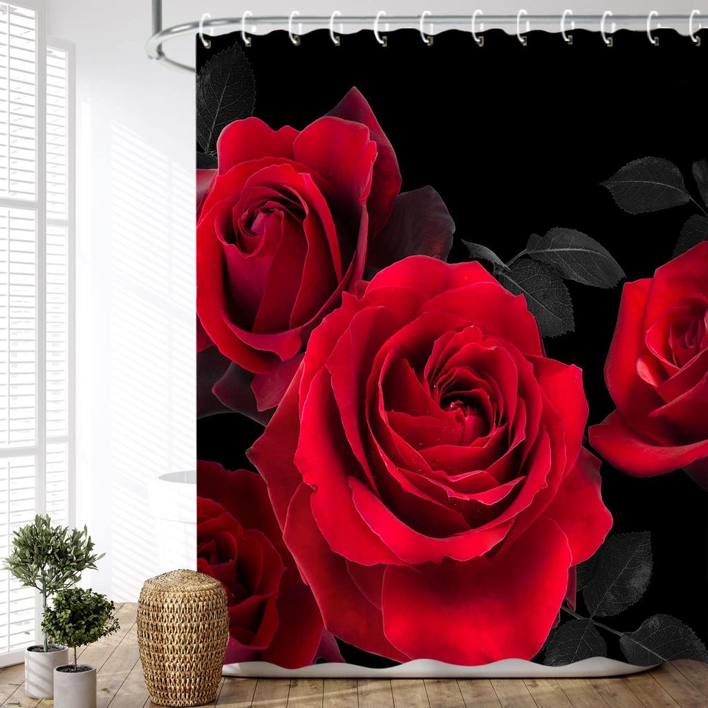 Red Rose Shower Curtain Botanical Floral Romantic Flower Valentine Girls Bathroom Curtain Decor Waterproof Fabric Include Hooks