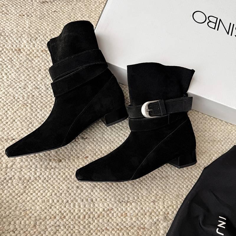 

Autumn and winter women s Martin boots solid color round head large size leather boots new leather women s boots square heel cow velvet low boots 40 чёрный