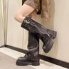 Knight Women Mid Calf Boots Chunky High Heeled Platform Punk Motorcycle Long Booties Goth Street Shoes for Women