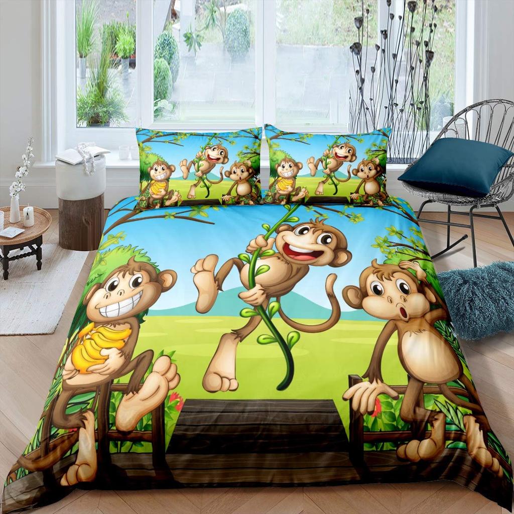 Monkey Duvet Cover Sets Cute Monkey Around The Tree Print Bedding Set 3pcs for Kids Boys Cartoon Animal Soft Comforter Cover