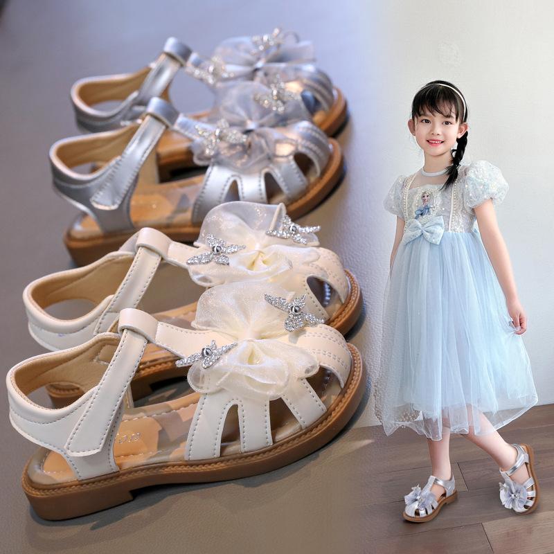 Girls Closed Toe Soft Sole Sandals, Summer Crystal Bow Princess Beach Shoes for Middle and Big Kids