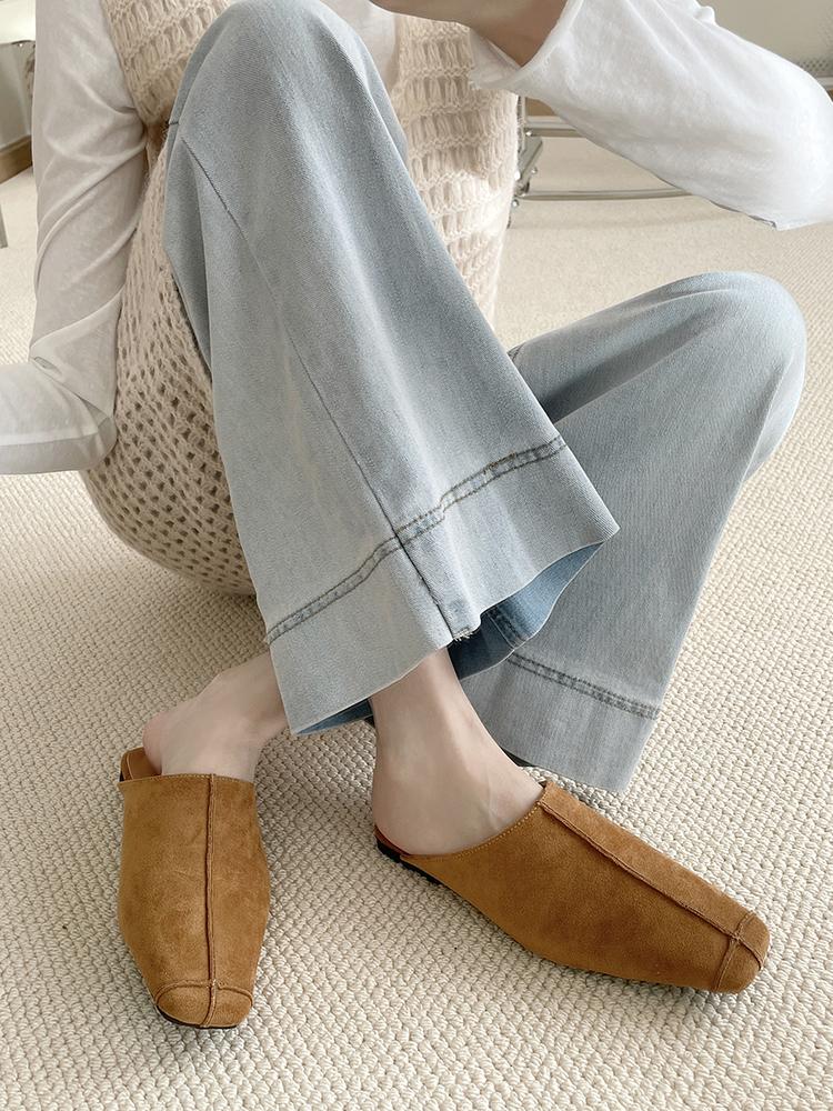 Outwear Square Toe Mules Daily Shoes For Women Retro Flats Slip On French Style Half Slippers Comfort Slides Soft Footbed Suede