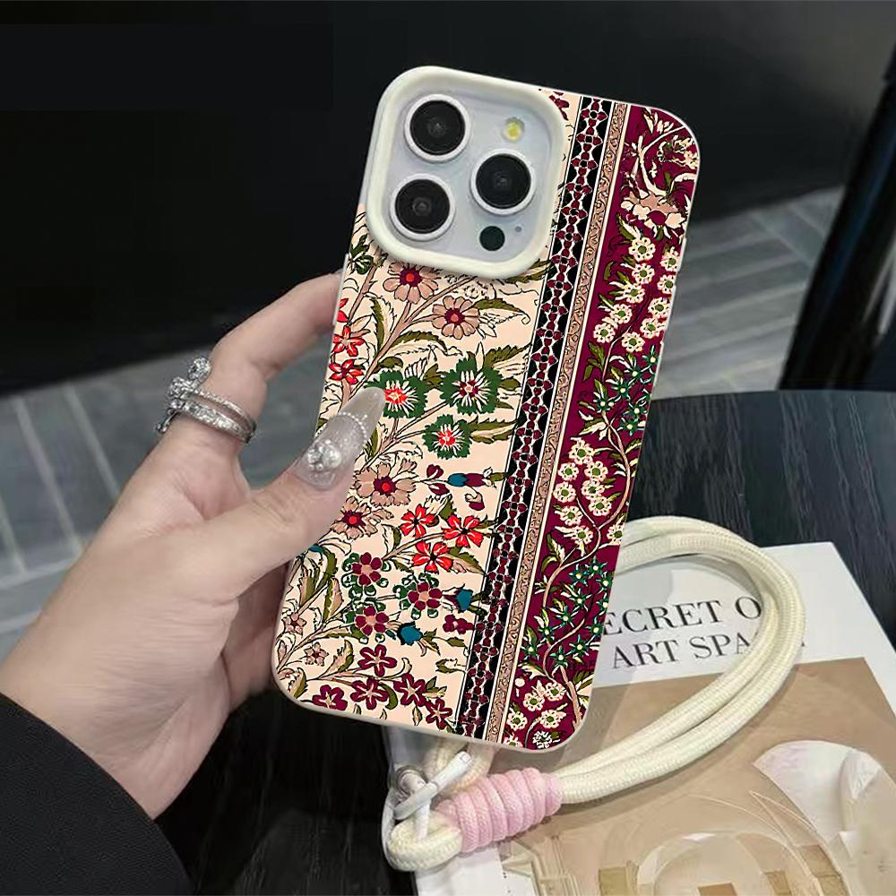 Vintage Persian Rug Pattern Protective Case For iPhone 15 14 17 Air 16 13 12 11 Pro Max Plus Litchi Texture Soft Cover Lanyard