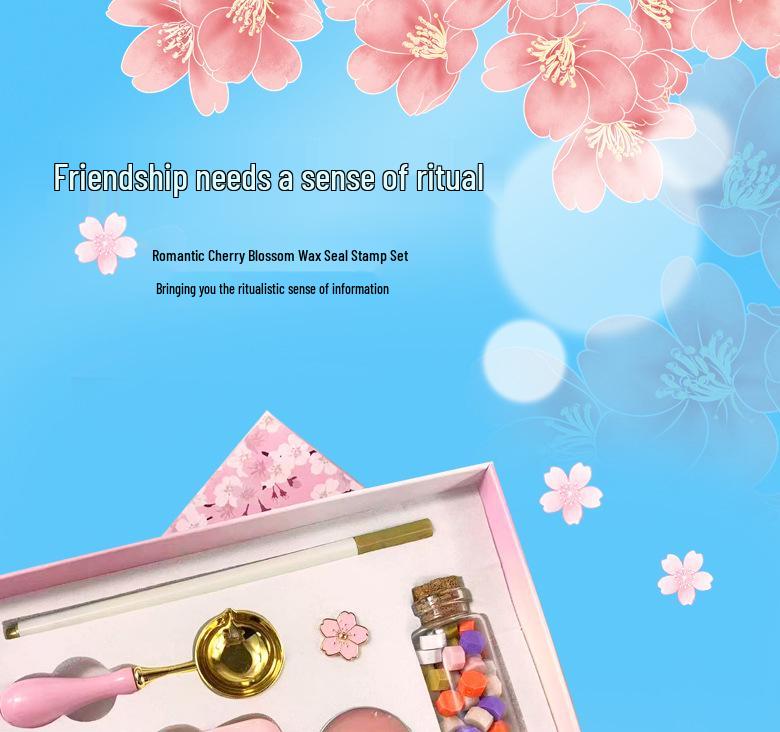 Cherry Blossom Wax Seal Stamp Gift Set: Copper Head, Mixed Color Wax, Spoon & 6-Piece Kit