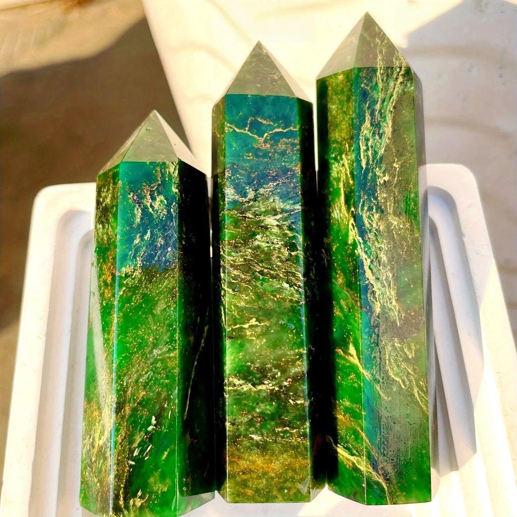 Emerald and Golden Green Aventurine Hexagonal Column Polished Ornament