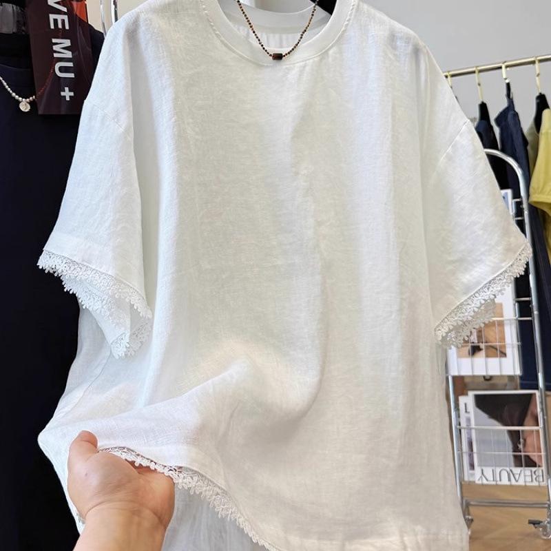Damen T-Shirt mit kurzen Ärmeln aus Baumwoll-Leinen mit Spitzenbesatz - Schickes & Bequemes Sommeroberteil