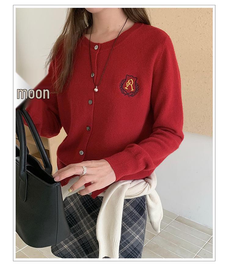 Women's Solid Color Pure Wool Cardigan with Embroidery Badge - Korean Style Round Neck Knit Outerwear for Autumn and Winter