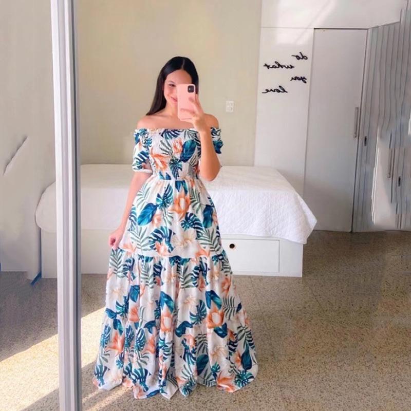 New spring and summer women's dress one-word shoulder floral fashion off-the-shoulder long printed dress
