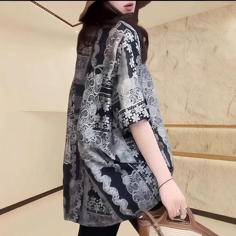 European Station 2025 Women's Round Neck Print Oversized T-Shirt - Summer Short Sleeve Versatile Top