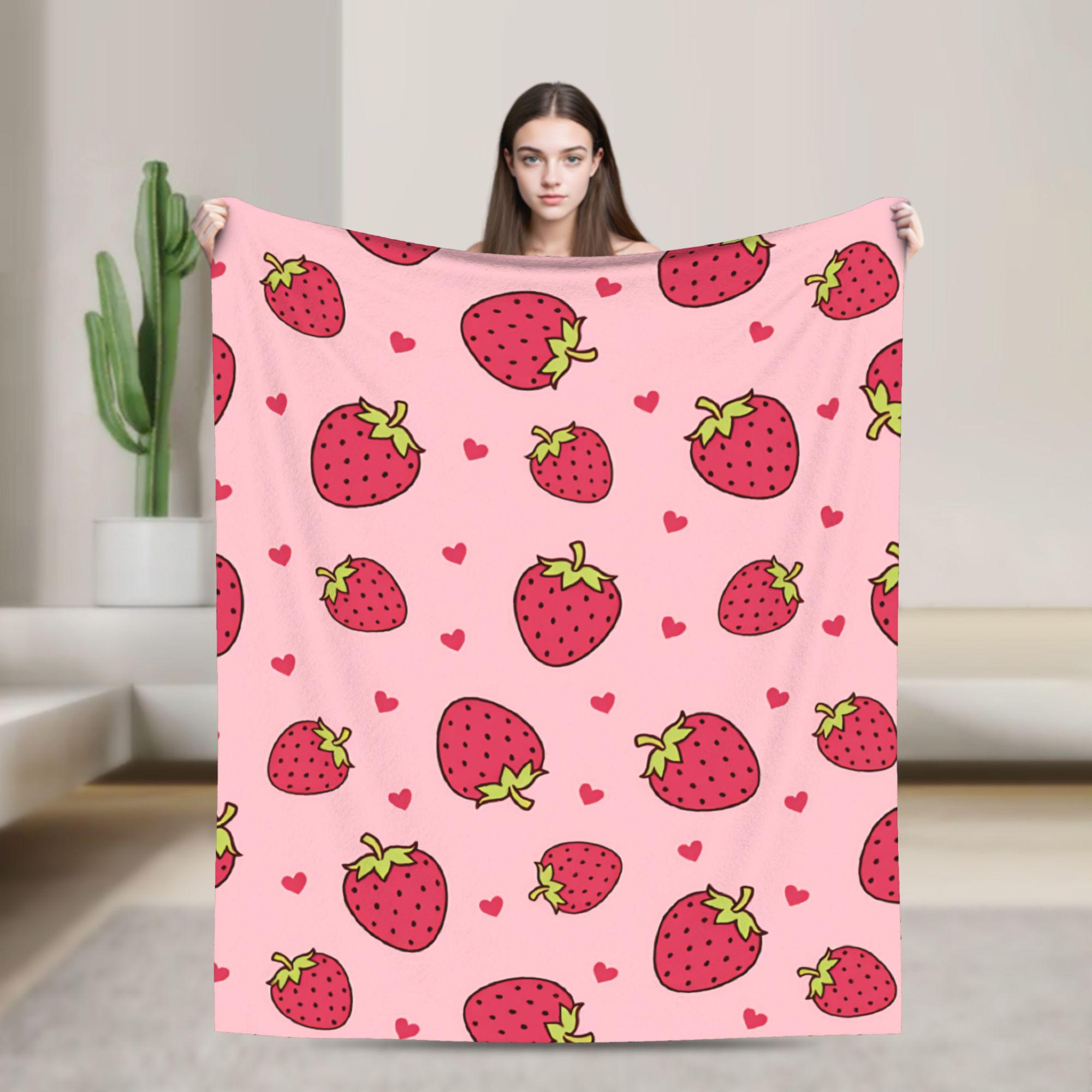 Pink Strawberry Print Blanket Quality Soft  Throw Blanket Winter Travel Outdoor Novelty Bedspread 75x90cm