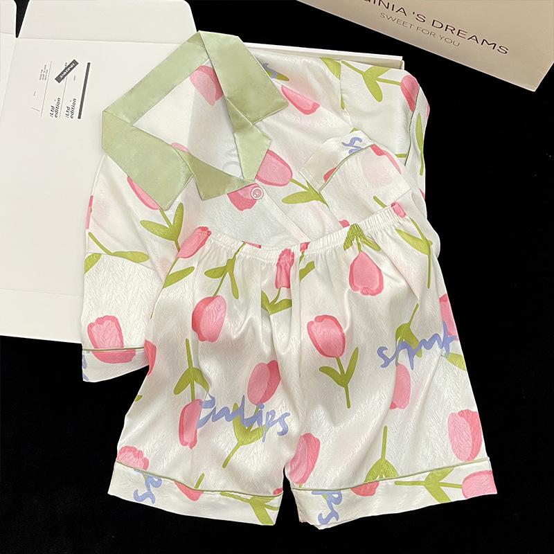 Fresh Tulip Pattern Pastoral Style Popular Women'S Summer Short-Sleeved Shorts Loungewear Two-Piece Set