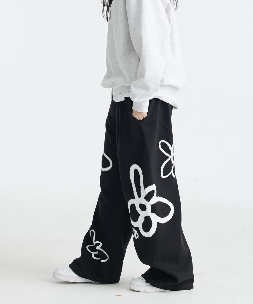 DOUBLE JD Flower Spray Stopper Wide Elastic Pants (Black)