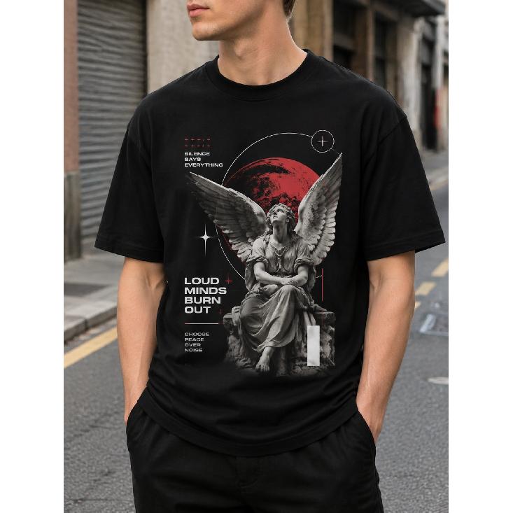 Men's Black Short Sleeve T-shirt with Angel Statue Graphic Print, Crew Neck Relaxed Fit Cotton Feel Streetwear for Daily Casual Wear