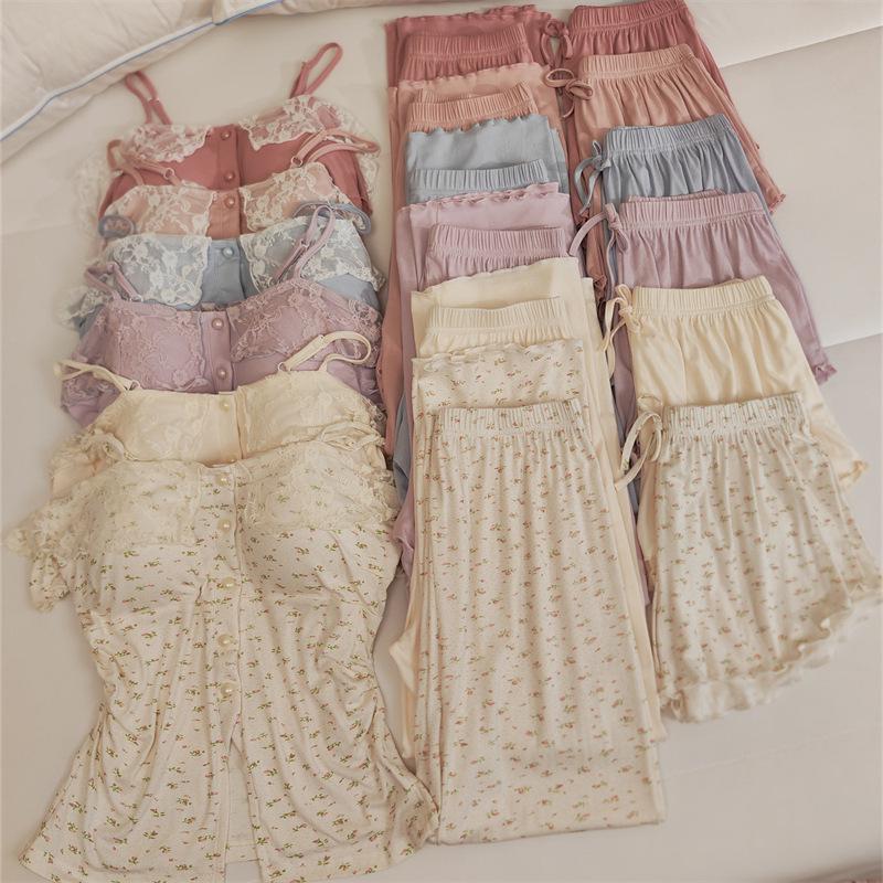 Women's Lace Camisole Sleepwear Set with Chest Pads - Sweet & Sexy Spring/Summer Homewear.