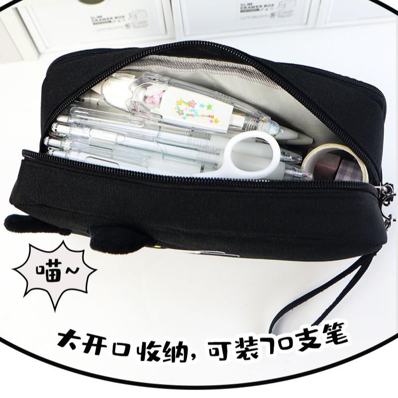 Black White Cat Print Handheld Pencil Case, Large Capacity Student Stationery Pouch, Portable School Pen Bag