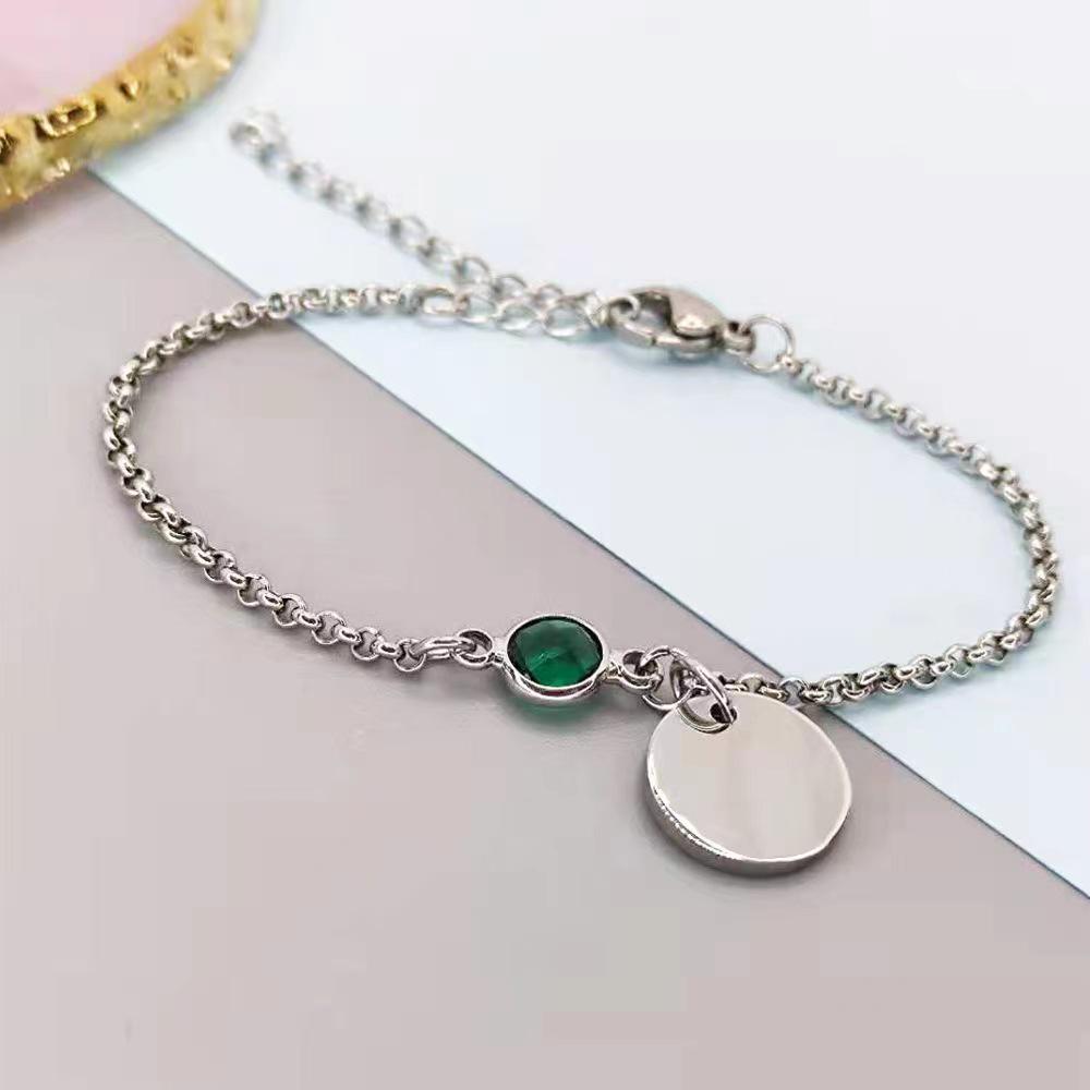 

Korean Style Women s Birthstone Bracelet, Stainless Steel with Round Tag for Custom Engraving
