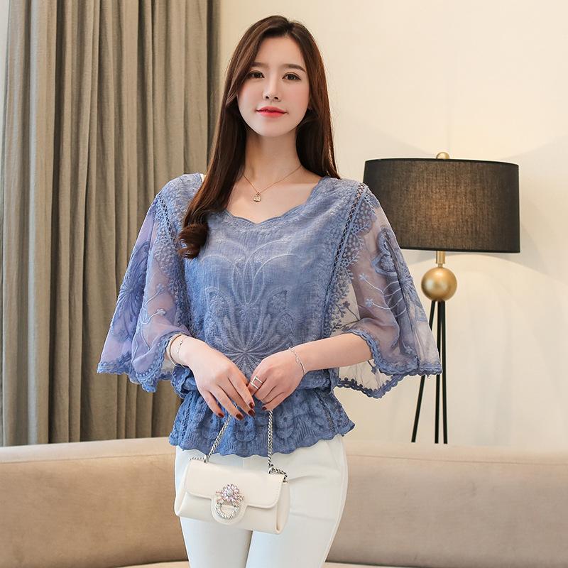 Women's Blouse Summer Big Size Chiffon Cotton Edge Lace Women's Blouse Butterfly Sleeve Flower Ladies Tops