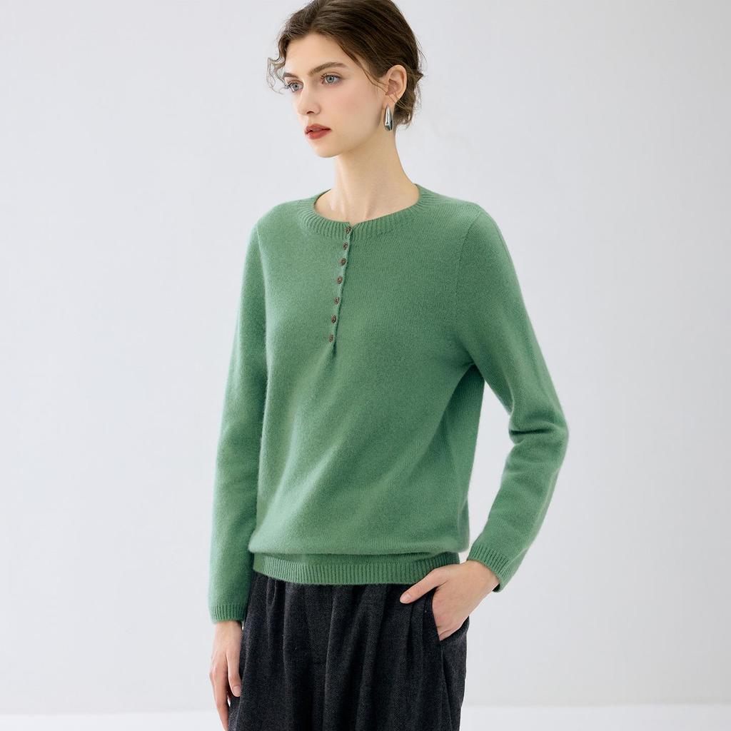 Lekasha Women's 7-Gauge Cashmere Half-Zip Round Neck Button-Up Sweater