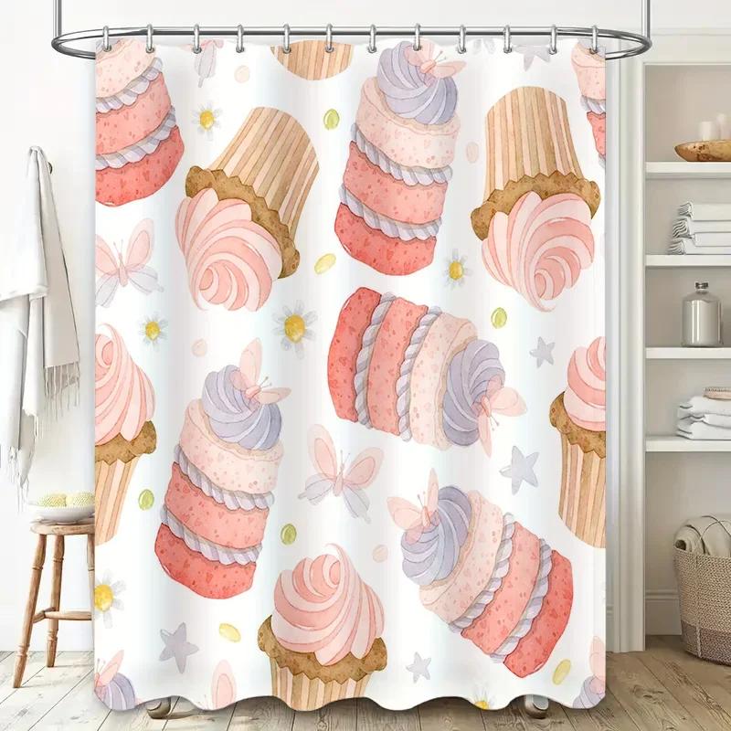 Whimsical Bakery Cupcake Watercolor Shower Curtain Pink Purple Cake Decorative Bathroom Fabric Cute Pastel Kitchen Sink Splash B