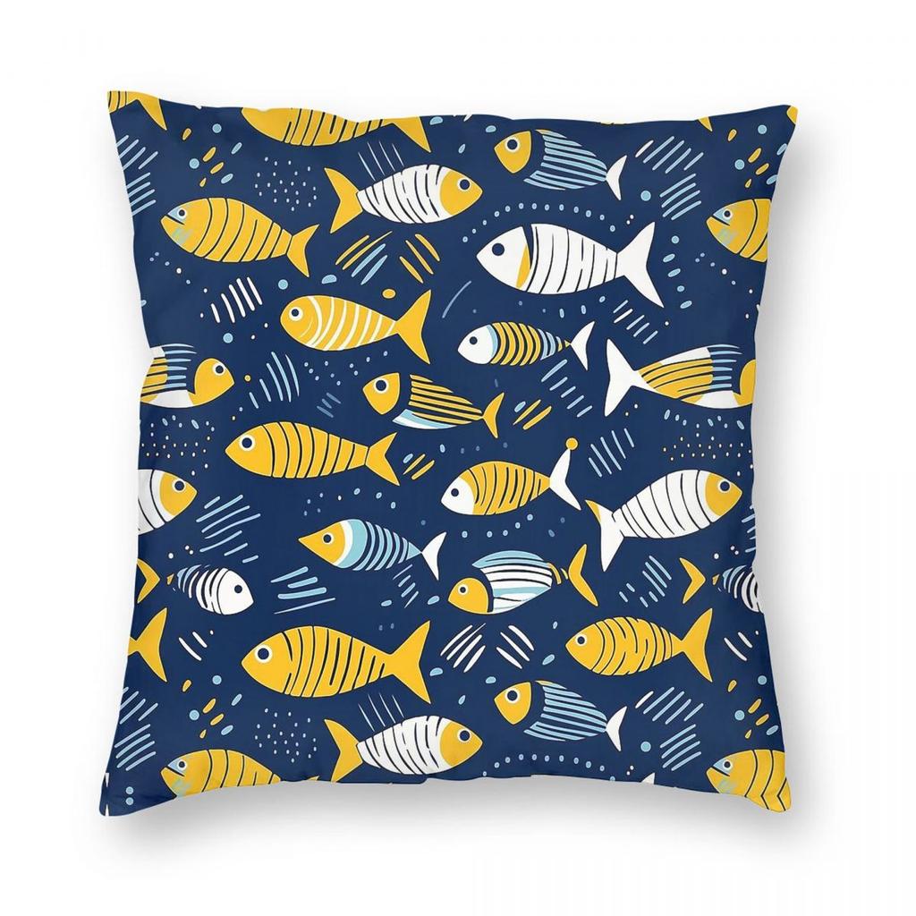 Blue And Yellow Fish Square Pillowcase Polyester Linen Velvet Printed Zip Decor Throw Pillow Case Bed Cushion Cover Wholesale