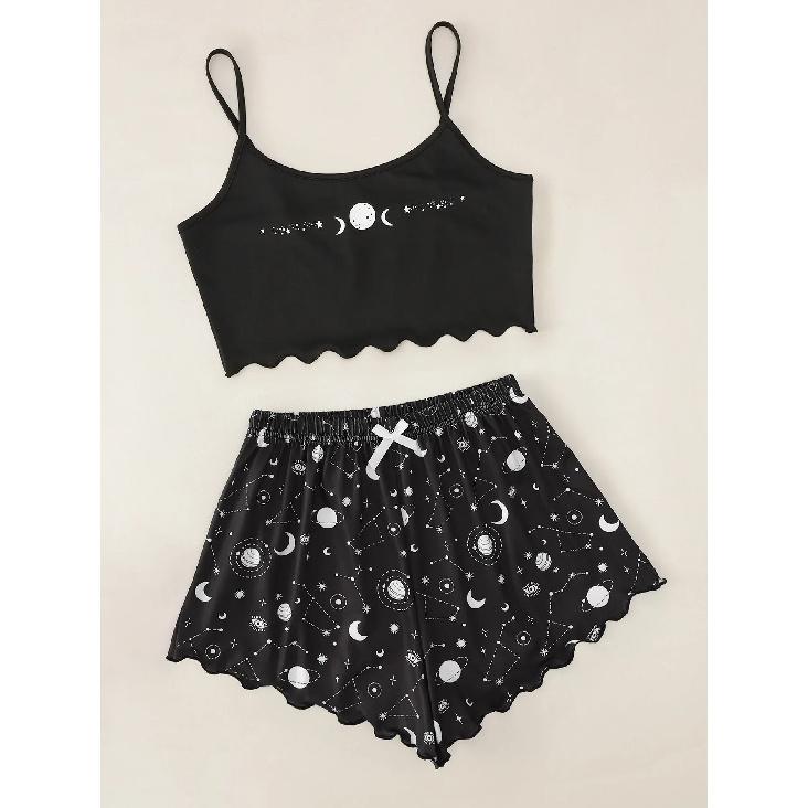Summer Sleepwear for Women Pajamas Set Star Moon Printed Sleeveless Sling Crop Tops and Shorts Set Homewear Loungewear Pijama