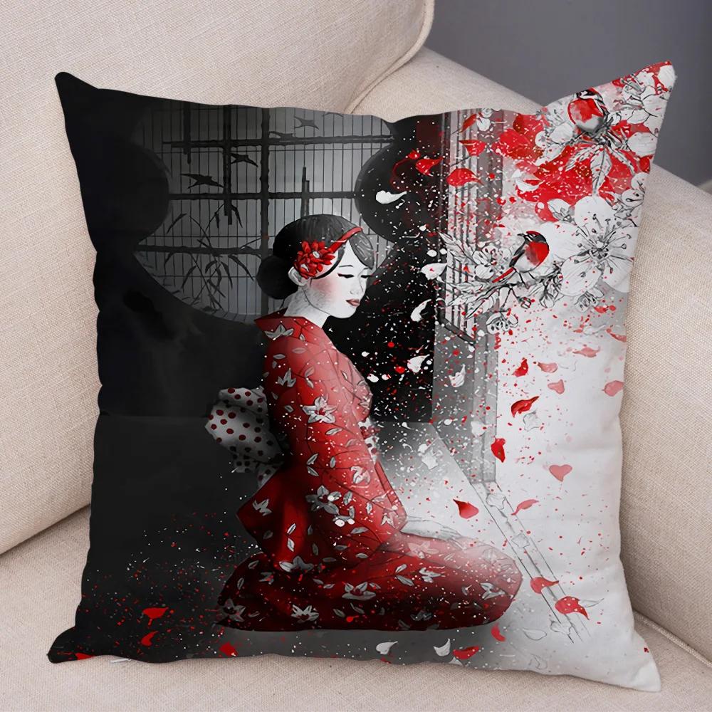 Japan Style Ink Warrior Cushion Cover for Sofa Home Double Print Decor Beautiful Scenery Girl Pillowcase Soft Plush Pillow Case
