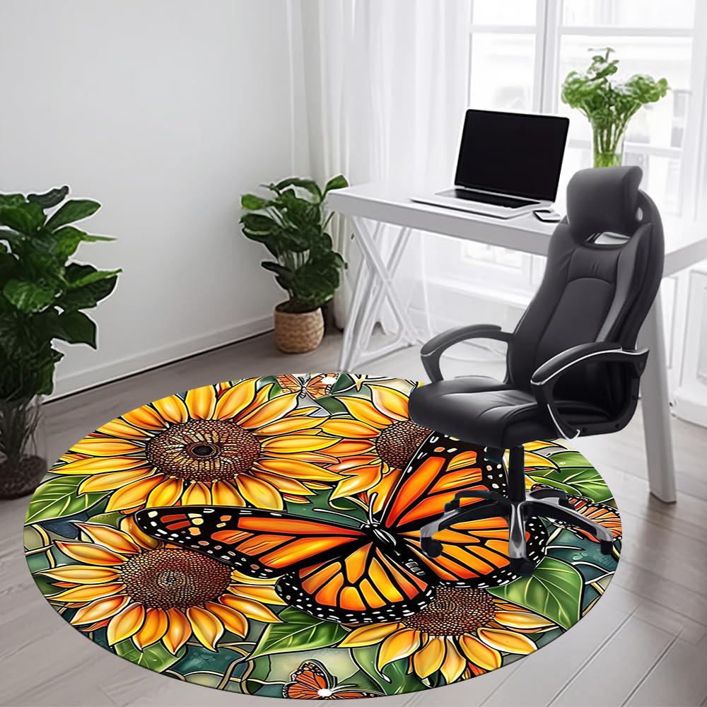 1PC Butterfly Sunflower Office Round Area Rug, Indoor Mat Suitable For Office, Under Office Chairs Bedroom Living Room Home Decor, Room DecoT1223060