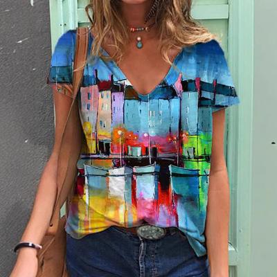 Summer V-neck 3D Oil Painting Flowers Cat Butterfly Printed Top Fashionable Casual Short Sleeved Women's T-shirts