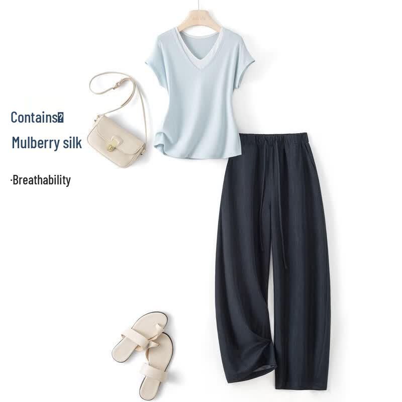 IHIMI Linen Silk Blend Color-block T-shirt & Pants Set M