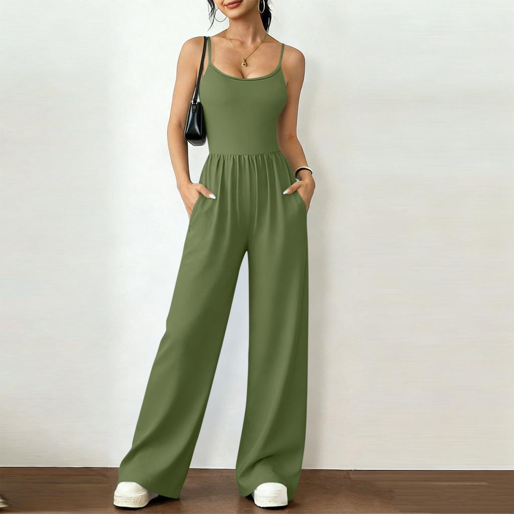 Women's Fashionable Casual Plain-Coloured -Neck Wrap-Around Wide-Leg Loose-Fit Jumpsuit