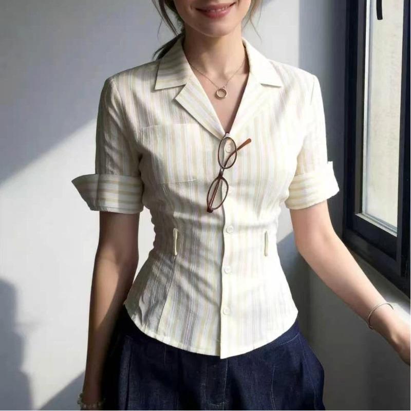 Women Striped Fitted Waist Short Sleeve Blazer Collar Casual Button Shirt