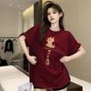 Spring and Summer Pure Cotton Short-sleeved Wine Red Peaceful Printed Loose Versatile T-shirt Top for Women