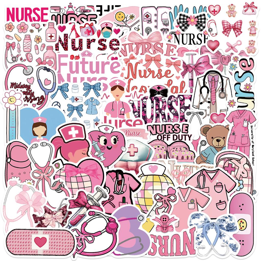 50 Pink Bow Nurse Graffiti Stickers Decorate Guitar Laptop Suitcase DIY Waterproof