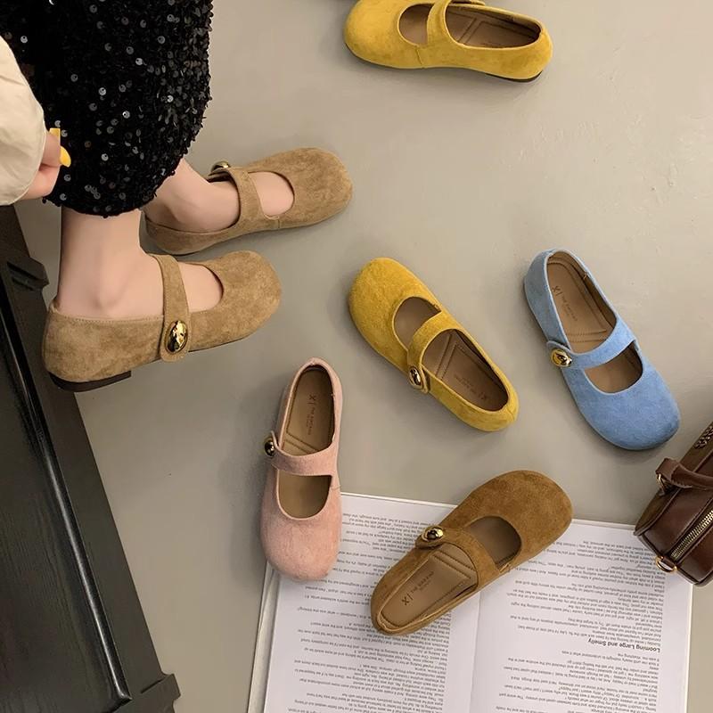 Retro Mori leather one-word buckle strap women's new cute round head Mary Jane flat shoes