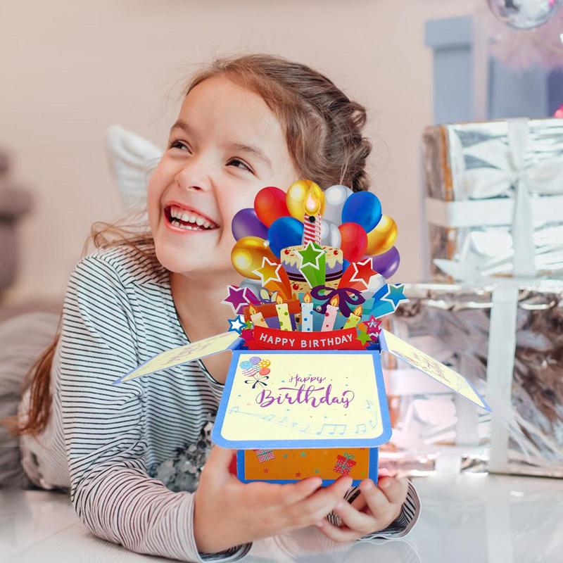 Kids Birthday Card 3D Popup Music LED Lighting Birthday Greeting Card 3D Popup Greeting Postcards With Blowable Light Candle For