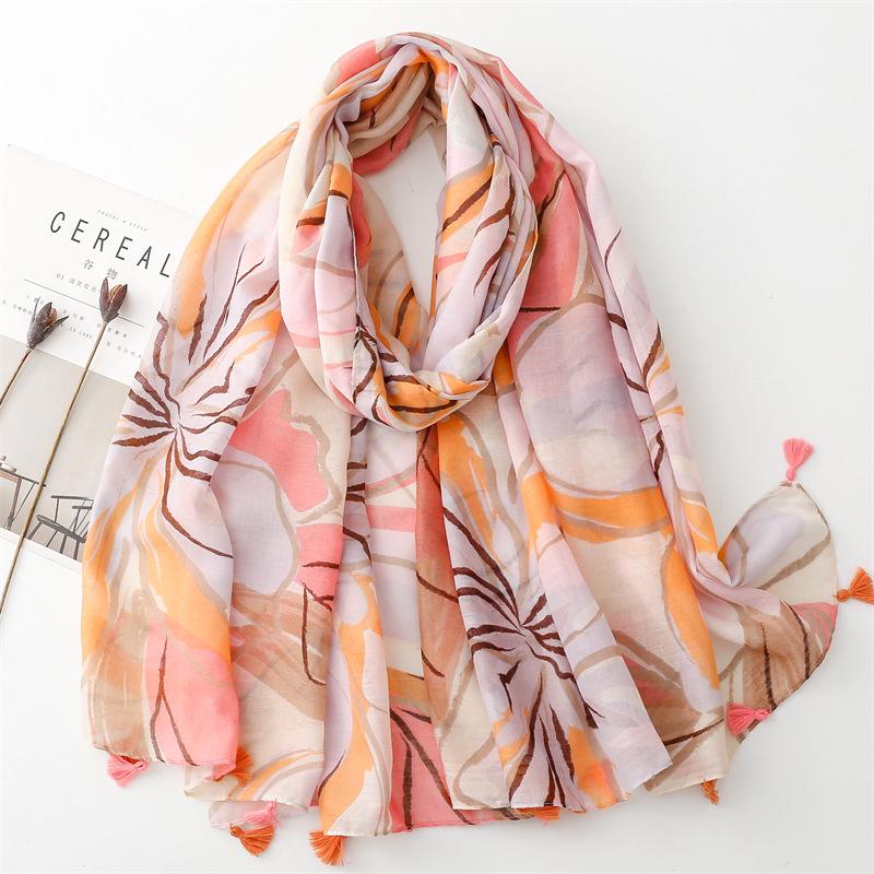 Yitao Women's Ethnic Cotton-Linen Scarf: Orange Wheat Ear Tassel Design, Ideal for Travel, Beach, or Shawl Use
