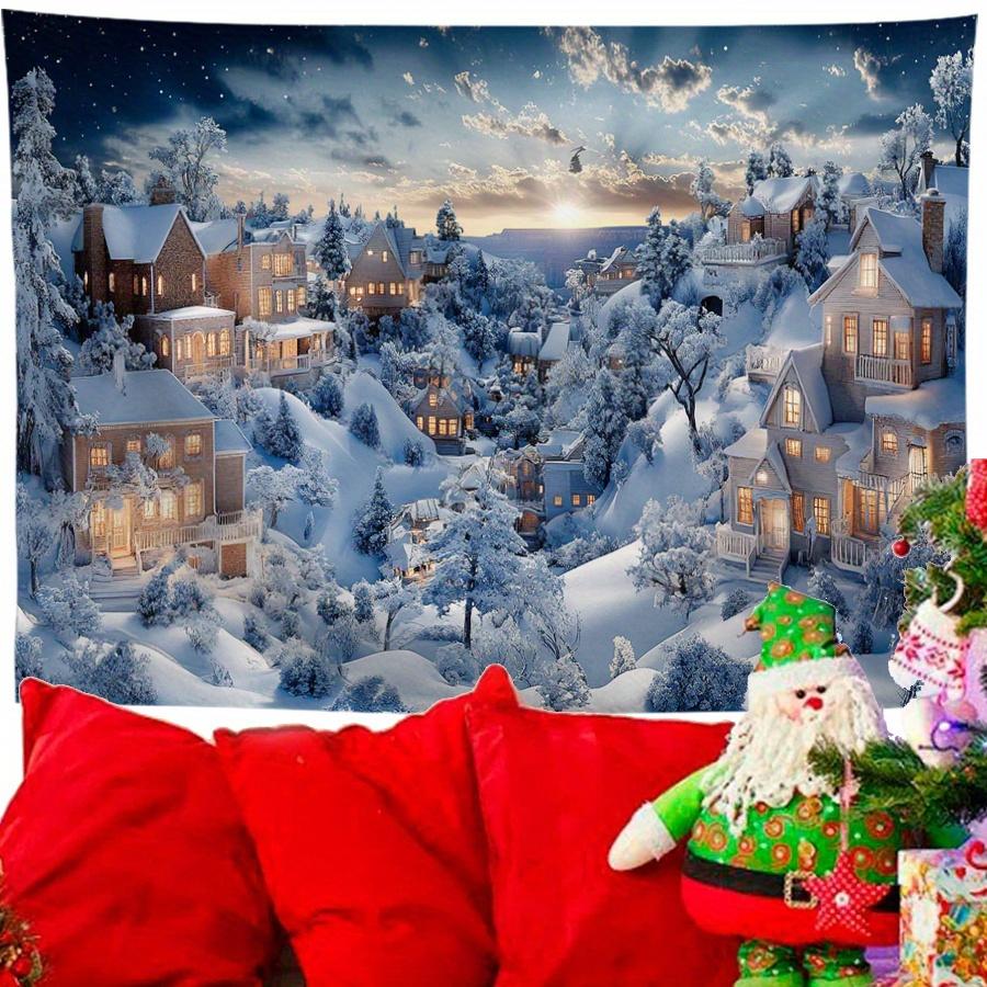A Christmas Landscape Polyester Tapestry, a Festive Wall Decoration, Suitable for Home, Kitchen and Party Decoration